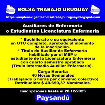 Auxiliares de Enfermería o Estudiantes Licenciatura Enfermería (Paysandú) Auxiliares de Enfermería o Estudiantes Licenciatura Enfermería (Paysandú)