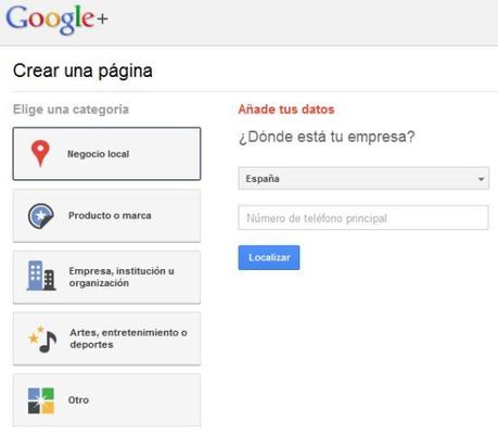 Elegir categoría de página en Google Plus.