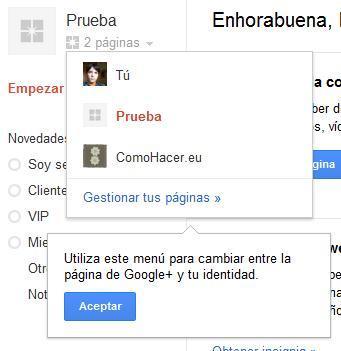 Cambiar de perfil a página en Google Plus.