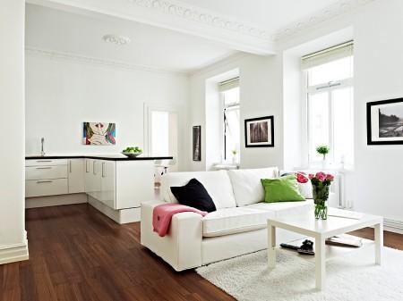 Un rectángulo de estilo nórdico de 66m² suelo de madera oscura pisos pequeños estilo nórdico muebles de ikea muebles blancos espacios diáfanos diseño de interiores decoración pisos pequeños decoración estilo nórdico decoración en blanco decoración de interiores casa rectangular