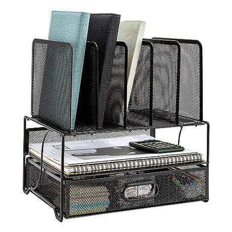 Amazon Basics - Organizador de escritorio de malla con cajón deslizante, doble bandeja y 5 secciones verticales, color negro