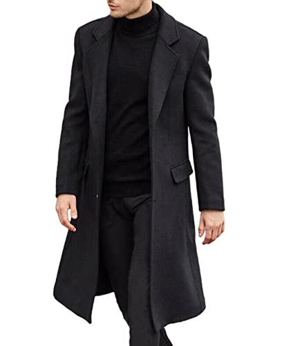 ECDAHICC Abrigo de lana casual Slim Fit para hombre chaqueta larga cuello muesca gabardina abrigo de un solo pecho abrigo invierno cálido, Negro , L
