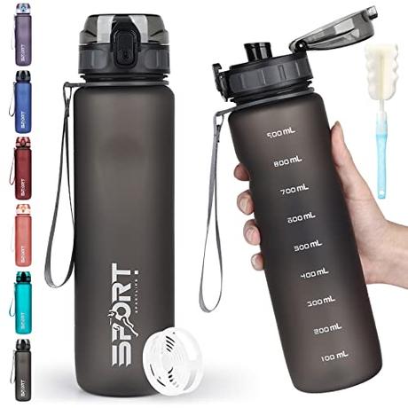 HASAGEI Botella de agua deportiva de 1 l, a prueba de fugas, botella de agua para bicicleta, sin BPA, botella deportiva con escala de capacidad, para bicicleta, exterior, escuela, gimnasio, camping