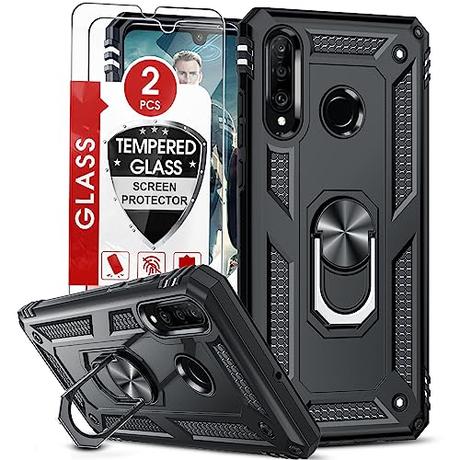 LeYi Funda para Huawei P30 Lite / P30 Lite New Edition con [2-Unidades] Cristal Vidrio Templado,Armor Carcasa con 360 grados Anillo iman Soporte Hard PC y Silicona TPU Bumper Case, Negro
