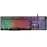 Rii RK100 Plus Teclado retroiluminado Gaming，7 Colores Rainbow LED，Sensacion mecánica.Teclado para Juegos con Cable USB，Disposición QWERTY Español
