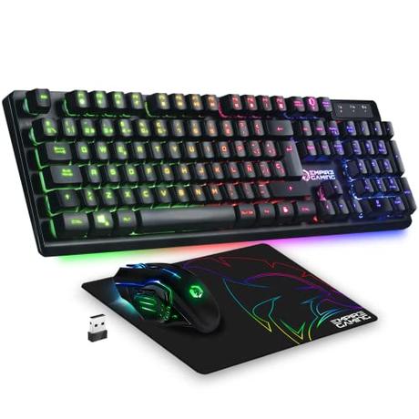 Empire Gaming - Armor RF800 Teclado y Ratón para Gamers Inalámbrico Recargable QWERTY(Layout Español) con Mouse Pad-RGB Wireless 2.4Ghz Keyboard-4800 dpi Mouse-PC PS4 PS5 Xbox One/Series Mac-Negro