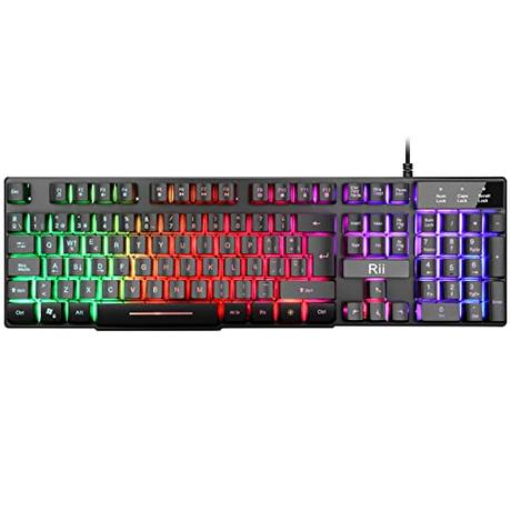 Rii RK100 Plus Teclado retroiluminado Gaming，7 Colores Rainbow LED，Sensacion mecánica.Teclado para Juegos con Cable USB，Disposición QWERTY Español
