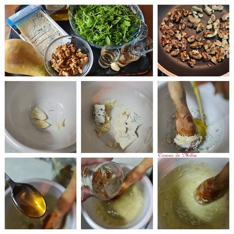 Ensalada de peras, rúcula,  Gorgonzola,  y nueces tostadas