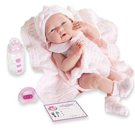 JC Toys- Muñeca La Newborn recién nacida de 38 cm es de vinilo suave, con ropa de punto y accesorios, niña, rosa, diseñado en España por Berenguer, +2 años