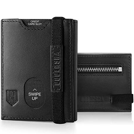 DODENSHA Billetera de Piel para Hombre con Bolsillo para Monedas de Moneda, 2 Compartimentos para Billetes, Ventana para Tarjeta de identificación, Correa elástica, Marrón, Negro γ, no -Airtag, Negro