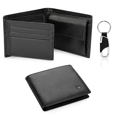 Wilbest Negro Billeteras Hombre, Cartera de Piel, Carteras Cuero, Tarjetas de Crédito Slim Moda RFID Bloqueo Monedero (+Botones de Llaves) Hecho a Mano