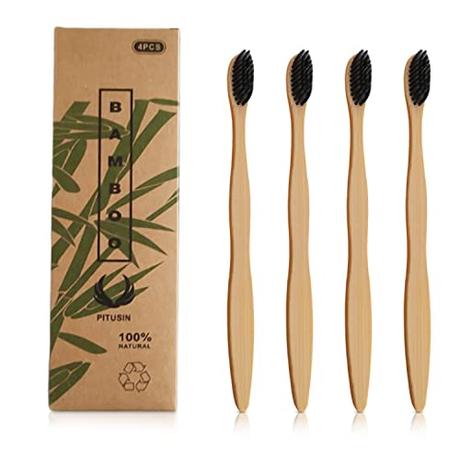 Cepillo Dientes Bambú Paquete de 4 Unidades de Cepillos de dientes con Carbon Activo Cepillo de Dientes Mejora la Limpieza Dental y Mejora el blanqueamiento dental