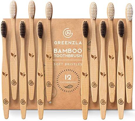 Greenzla Cepillos de Dientes de Bambú (Kit de 12) | cerdas suaves sin BPA | natural y ecológico | Biodegradables y compostables