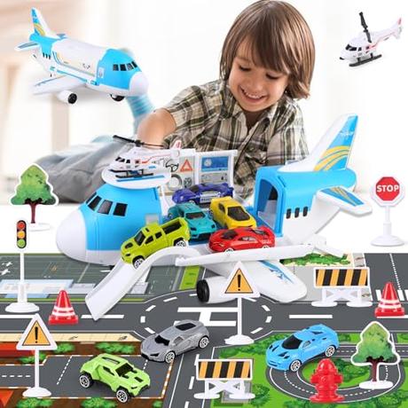 kramow Avion Juguete, Juguetes Niños Niño 3 años, 21 Piezas Coche de Juguete con Mapa y Señales de Tráfico, Camión Transportador Aviones, Educativos Regalo para Niños Niñas 3 4 5 6 7 + años
