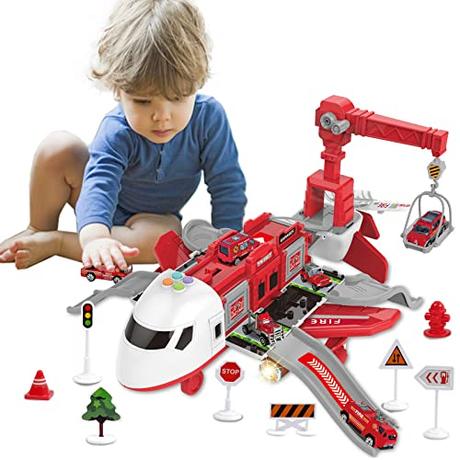 Umitive Aviones de Juguete, Transportador de Juguetes Avion con Tapete de Juego, 6 Mini Coches de Bomberos, 11 Señales de Seguridad Vial, Música y Luz, Avion Juguete 3 4 5 6 7 8 años