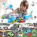 kramow Avion Juguete, Juguetes Niños Niño 3 años, 21 Piezas Coche de Juguete con Mapa y Señales de Tráfico, Camión Transportador Aviones, Educativos Regalo para Niños Niñas 3 4 5 6 7 + años