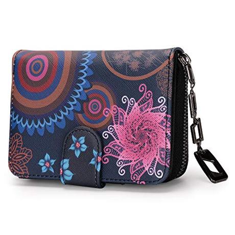 Monedero para Mujer pequeño en Formato Corto, Monedero para Mujer con Estampado de Flores y Flores en Estilo Mandala y étnico, con Cremallera y botón de presión y Muchos Compartimentos.,
