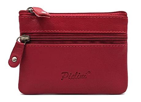 Monedero pequeño Piel auténtica de la Marca Pielini. 2 Cremalleras y Llavero. Monedero para Mujer. Espacios para Monedas, Tarjetas y Billetes. Diseñado en España. Color Rojo.