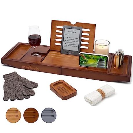 Temple Spring - Bandeja para bañera (Madera), diseño con candelabro, para Copas de Vino, Libros, tabletas, iPad y teléfono, con Puente Extensible y Ajustable, 100% bambú, Color Natural (Marrón Miel)