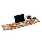 Relaxdays Bandeja Bañera de Bambú, 70 cm Ancho, Tabla Baño para Copa, Móvil, Tablet, Repisa Bañarse para Colgar, Natural, 100%