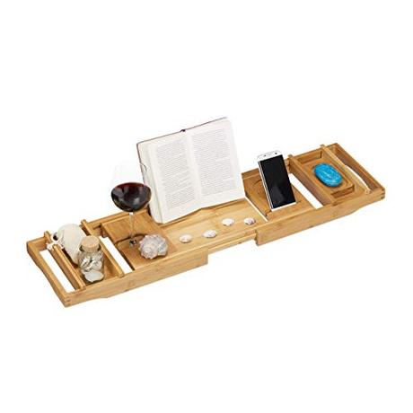 Relaxdays Bandeja Bañera Extensible con Soporte para Copas de Vino, Libros y Jabón, Bambú, Marrón, 75-109 cm