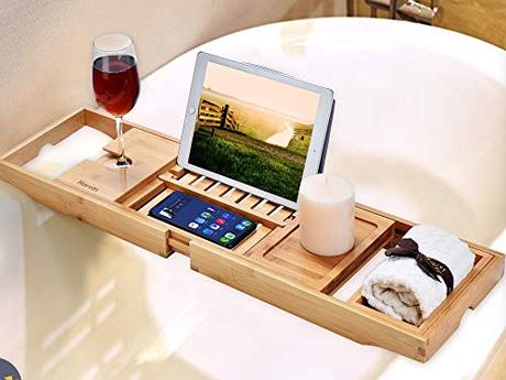 Harcas Bandeja de Baño de bambú Premium Magnífica Bandeja de Bañera Extensible con Soporte para Copa de Vino y Soporte para iPad/reposa Libros Relajarse Mientras Esta en la bañera