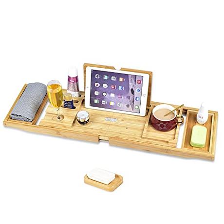 Bandeja de Baño de Madera para Bañera|Organizador Ajustable Extensible para bañera|Andeja de baño con Soporte para Copa de Vino|iPad|móvil y más|Bandeja de Baño Regalo Distintivo para Navidad