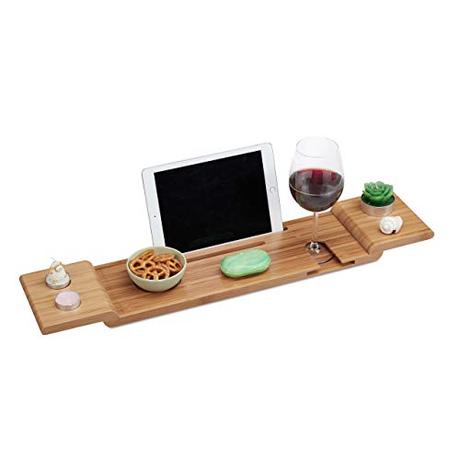 Relaxdays Bandeja Bañera de Bambú, 70 cm Ancho, Tabla Baño para Copa, Móvil, Tablet, Repisa Bañarse para Colgar, Natural, 100%