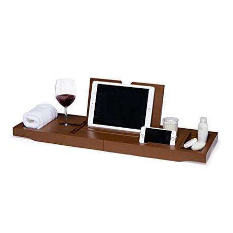 Deep Calm Bandeja de Baño - Tabla Extensible de Bambú para Bañera - Ajustable, se Adapta a la Mayoría de Las Bañeras - Accesorio de Baño de Lujo para Libro, iPad, Teléfono, Vidrio, Vela (Marrón
