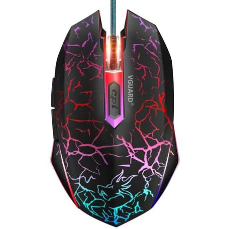 VGUARD Ratón Gaming con Cable, 4 dpi Adjustables hasta 2400, Gaming Mouse Óptico, Ratón Ergonómico Óptico RGB con 6 Botones y LED 7 Colores para PC, Portátil. (Versión Mejorada) - Negro