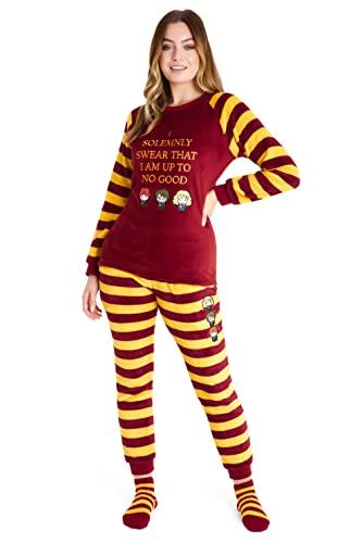 Harry Potter Pijama Mujer Invierno de Polar con Calcetines de Gryffindor (L, Rojo/Amarillo)