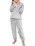 RITOSTA Pijama Invierno Mujer Pijama Mujer Invierno Polar Conjunto de Pijama para Mujer Invierno 2 Piezas Pijama Mujer Algodón Invierno Manga Larga Calentito Polar（Gris,XL）