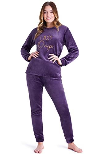 CityComfort Pijama Mujer Invierno Polar Suave, Conjuntos de Pijamas de Manga Larga S-XL (S, Morado Profundo)