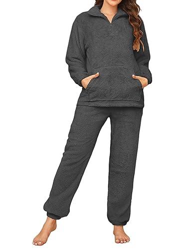 Tuopuda Pijama Mujer Invierno de Fleece Cálida Mujer Casual Talla Grande Loungewear Sudaderas con Cremalleray Pantalones Conjuntos de Pijamas con Bolsillos(Gris Oscuro,L)