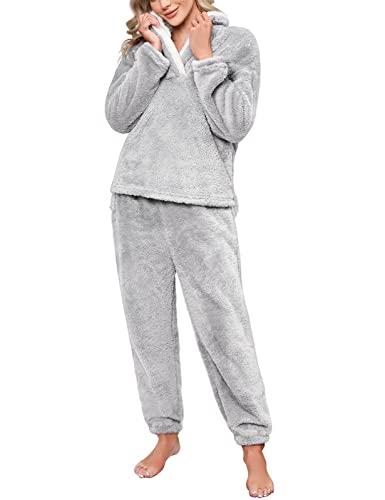 Niwicee Pijama para Mujer Invierno Conjunto de Pijama Forro Polar Super Suave Ropa de Dormir 2 Piezas Damas Ropa de Noche Manga Larga cálida y Pantalones Largos con Bolsillo(Gris,L)