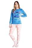 Disney Pijama Mujer Invierno de Polar con Calcetines Stitch Mickey Minnie Baby Yoda (Azul/Rosa Stitch, M)