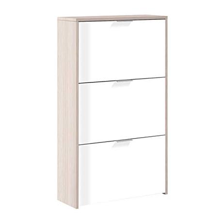 Habitdesign Zapatero 3 Puertas, Zapatero Estrecho, Acabado en Color Blanco Brillo y Roble Canadian, Medidas: 60 cm (Largo) x 113 cm (Alto) x 22 cm (Fondo)