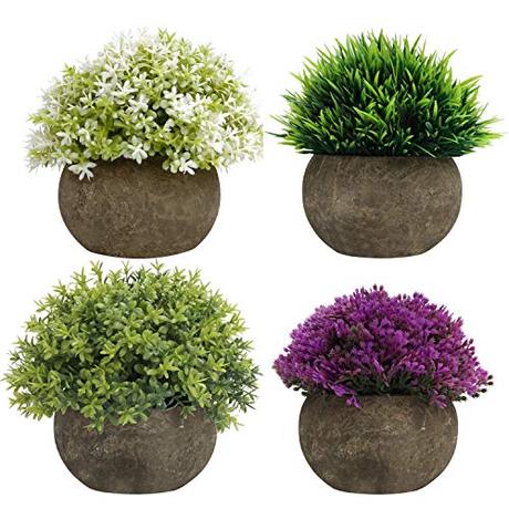 BELLE VOUS Mini Plantas Artificiales Decorativas Verde, Purpura y Blanco (Pack de 4) Macetas Artificiales Decoracion para el Hogar, Oficina, Baño, Cocina, Escritorio, Repisa y Planta Artificial Mesa