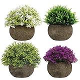 BELLE VOUS Mini Plantas Artificiales Decorativas Verde, Purpura y Blanco (Pack de 4) Macetas Artificiales Decoracion para el Hogar, Oficina, Baño, Cocina, Escritorio, Repisa y Planta Artificial Mesa