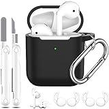 R-fun Funda Protectora de Silicona Suave para AirPods de 2ª generación y 1ª generación con Kit Limpiador y Funda de Gancho para Auriculares (2 Pares), Negro