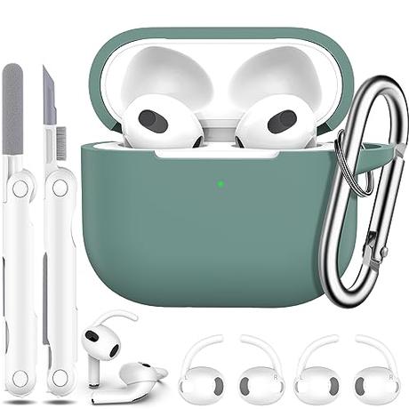 R-fun Funda para AirPods de 3ª generación con Kit de Limpiador y Funda de Gancho para Auriculares (2 Pares), Funda Protectora de Silicona Suave para Apple AirPods 3 2021, Verde Pino