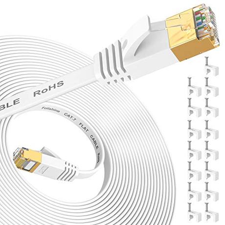Folishine Cable Ethernet de 15 m, cable de Internet Cat7 de alta velocidad con conector RJ45 chapado en oro, cable LAN blindado para interruptor de red, más rápido que Cat5/Cat5e/Cat6-blanco