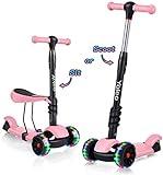 YOLEO Patinete para Niños 3-en-1, Scooter 3 Ruedas LED Parpadeantes, Scooter para Niños con Manillar Ajustable Asiento Extraíble de 2 a 8 años, Carga Máxima de 50 kg (Rosa)