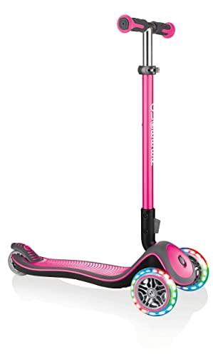 Globber - ELITE DELUXE LIGHTS - Patinete de 3 ruedas plegable e iluminado para niños de 3 a 9 años + , Rosa intenso