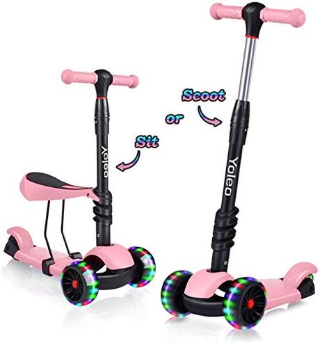 YOLEO Patinete para Niños 3-en-1, Scooter 3 Ruedas LED Parpadeantes, Scooter para Niños con Manillar Ajustable Asiento Extraíble de 2 a 8 años, Carga Máxima de 50 kg (Rosa)