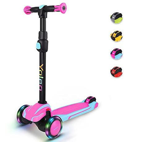 YOLEO Patinete de 3 ruedas LED para niños, patinete infantil plegable de 3 a 12 años, altura ajustable en 4 niveles para niñas y niños, carga máxima 50 kg, juguete ideal