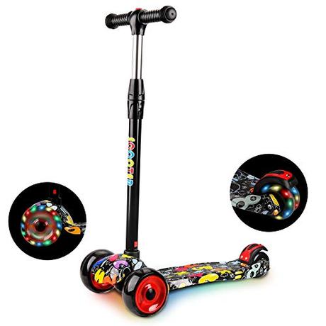 JRing Patinete 3 Ruedas PU con Led Luces Iluminadas para 3 a 14 Años de Niño y Niña, Altura Ajustable Desde 66-82CM con Freno Posterior en Tabla Seguro Carga Máxima 50KG (Grafitti)