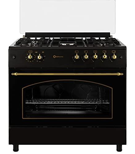 SOLTHERMIC F9L50G2RB COCINA NEGRA RUSTICA CON MANDOS DORADOS / ANCHO 90 CMS / 5 FUEGOS / HORNO PANORAMICO 115 L. / GAS BUTANO Y GAS CIUDAD / ENTREGA A DOMICILIO Y RETIRADA DEL USADO GRATIS