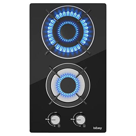 IsEasy Placa de gas con 2 quemadores, autosuficiente – Cocina empotrable – gas natural/propano (cristal)