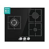 Hisense GG633B - Placa de Gas Natural, 3 Zonas, 60 cm, Parrilla de Hierro Fundido y Cristal Templado Negro, Autoencendido Integrado en los mandos, Seguridad GasStop, Fácil limpieza